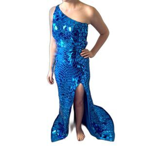 10316 Size 00 Sherri Hill mirror dress asymmetrical one sleeve train mermaid